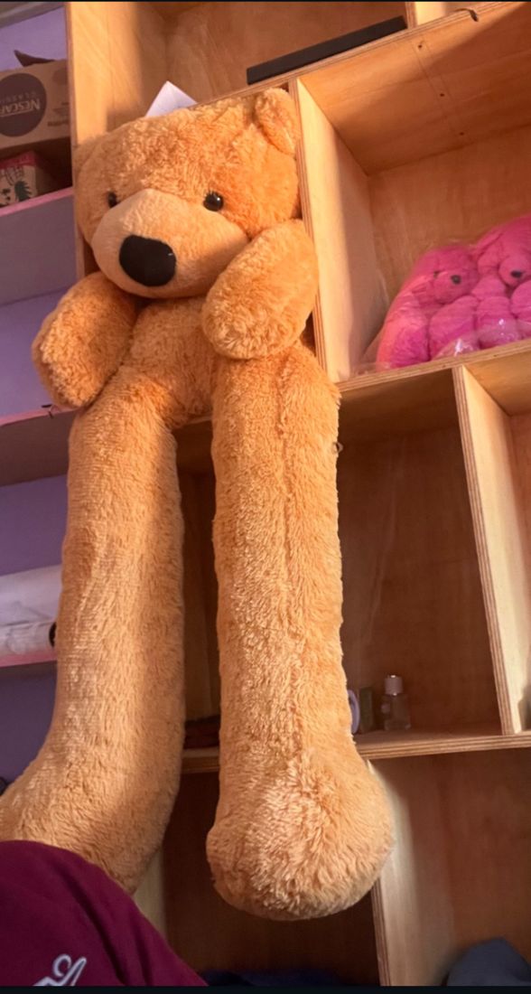 Grande peluche ourson orange assise sur une étagère